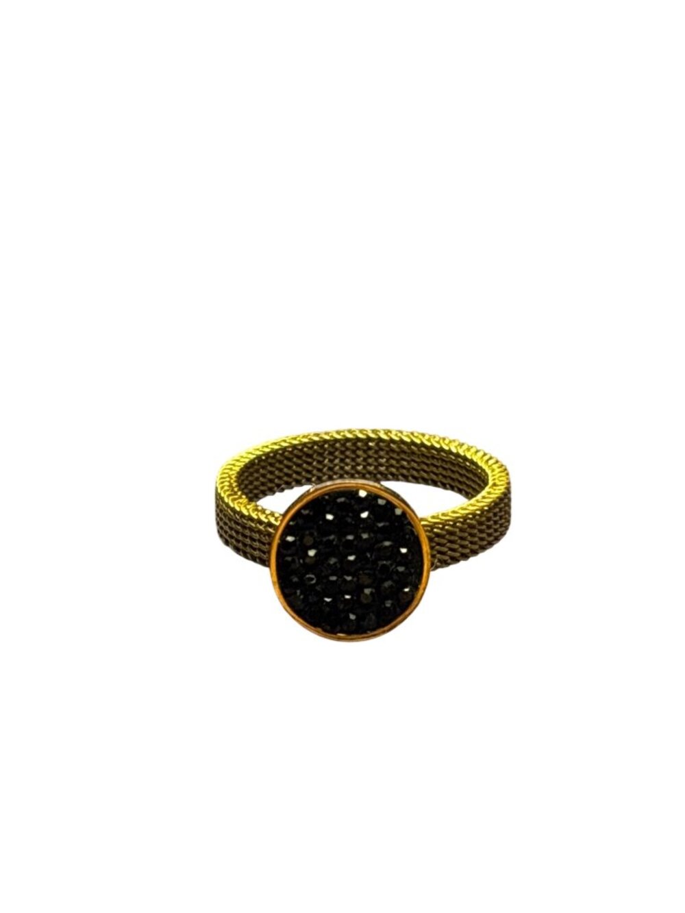 Round Black Rhinestone Pave Ring Size 9.5 Goldtone Mesh Band